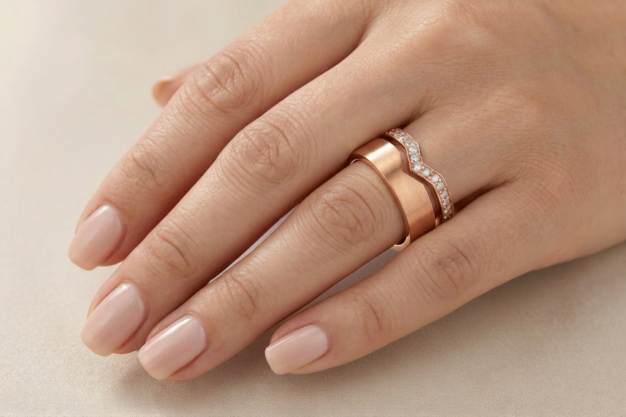 Curved Matching Couple Ring Set - Rose Gold model