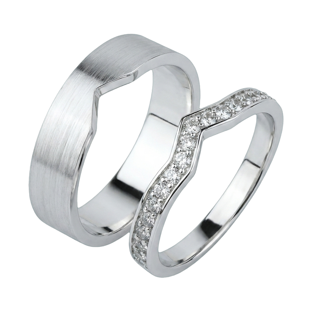 Curved Matching Couple Ring Set - White Gold 1