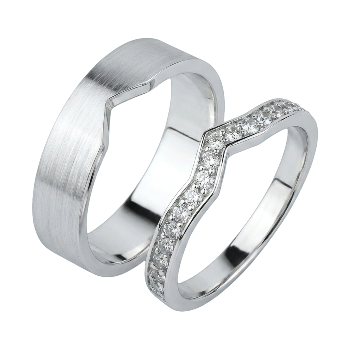 Curved Matching Couple Ring Set - White Gold 1