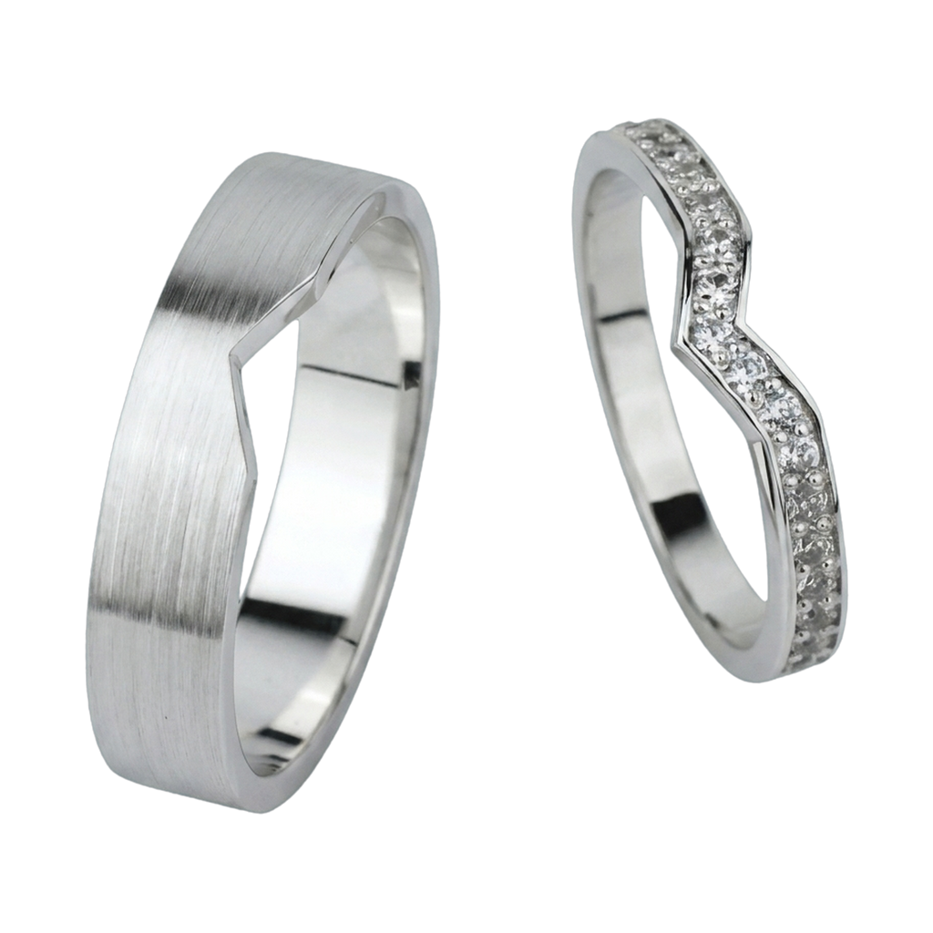 Curved Matching Couple Ring Set - White Gold 2