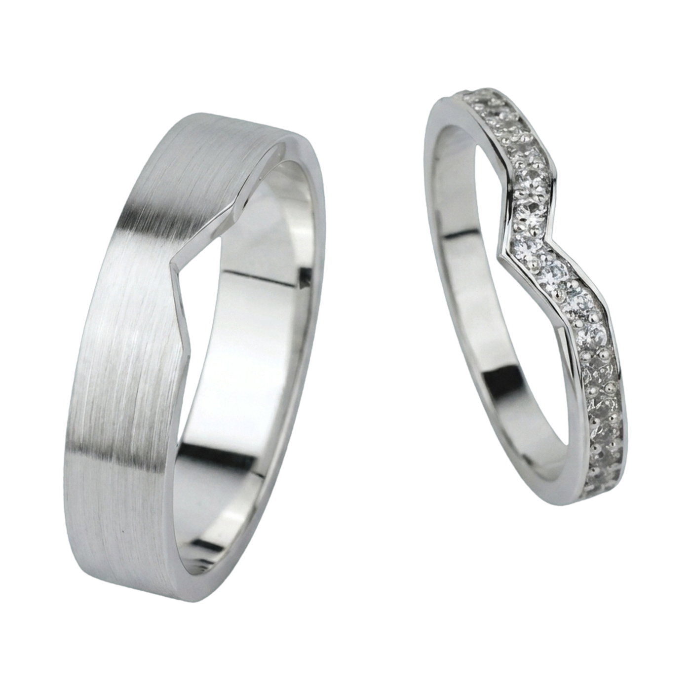 Curved Matching Couple Ring Set - White Gold 2