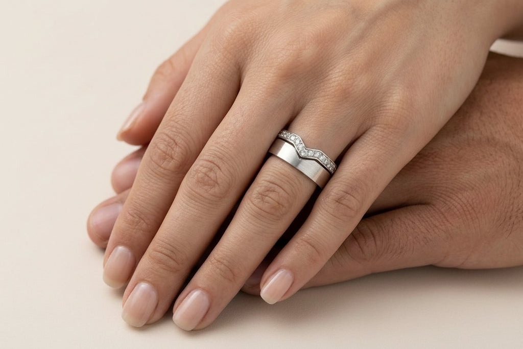 Curved Matching Couple Ring Set - White Gold model