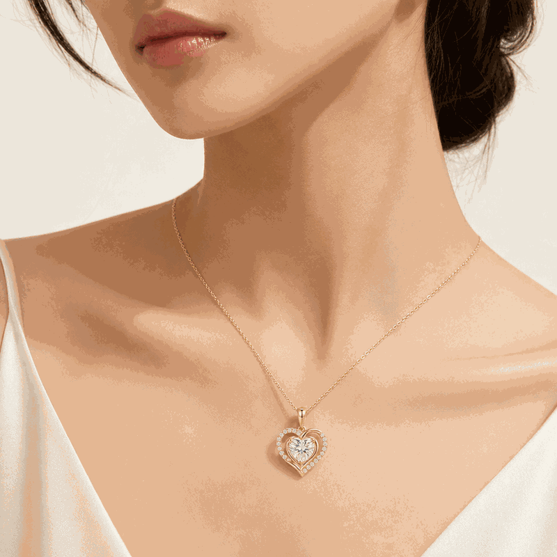 Double Heart Halo Lab-Grown Diamond Pendant Necklace