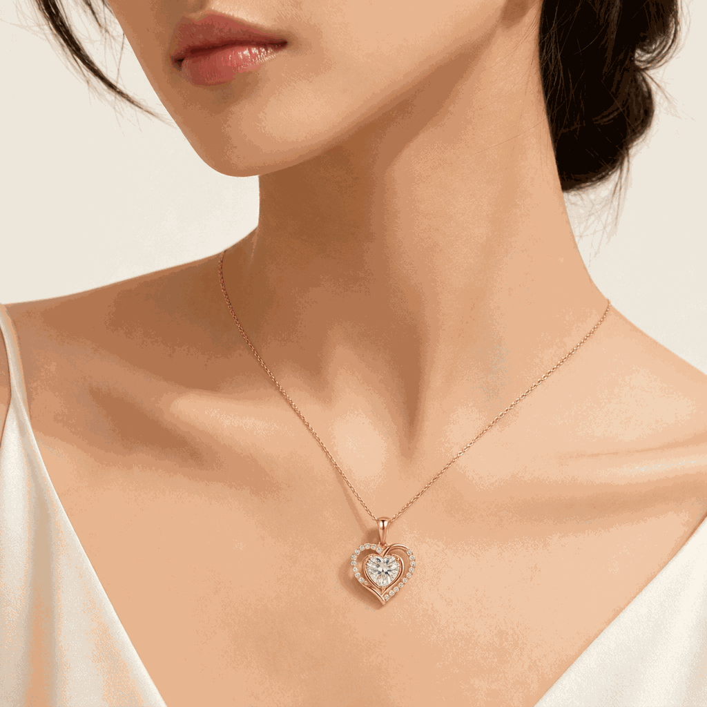 Double Heart Halo Lab-Grown Diamond Pendant Necklace