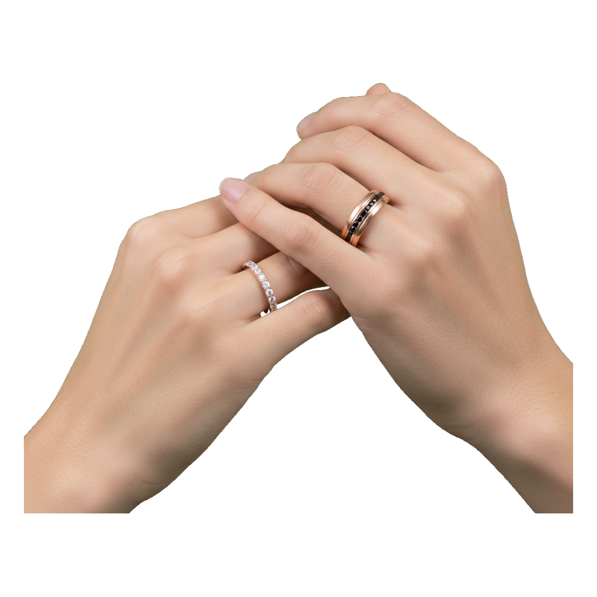 Rose gold couple rings on hands