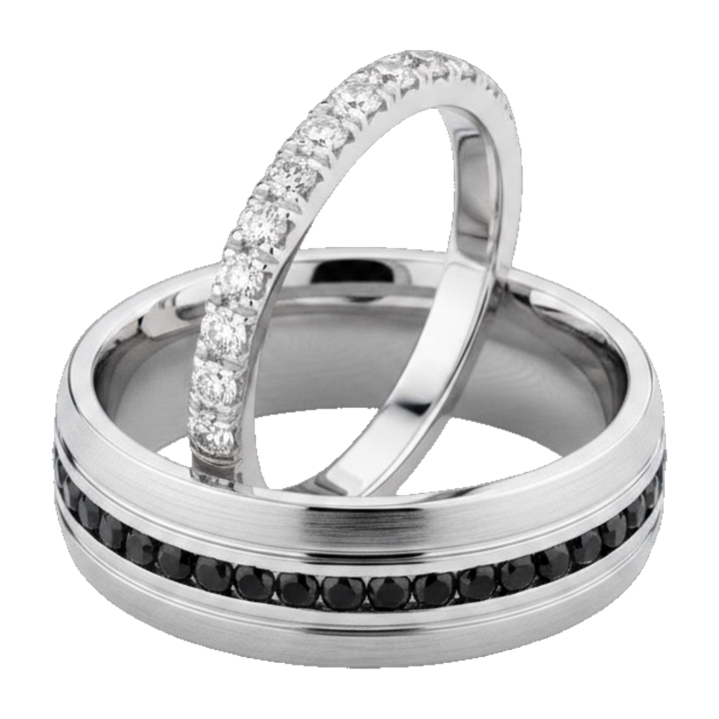 White gold black & white diamond couple ring set