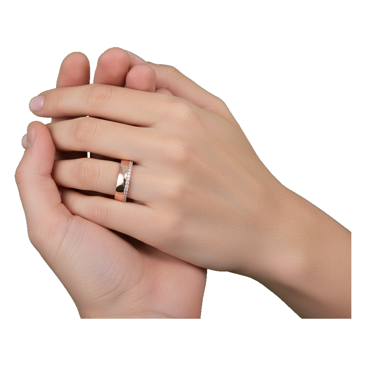 Rose gold couple ring set on model