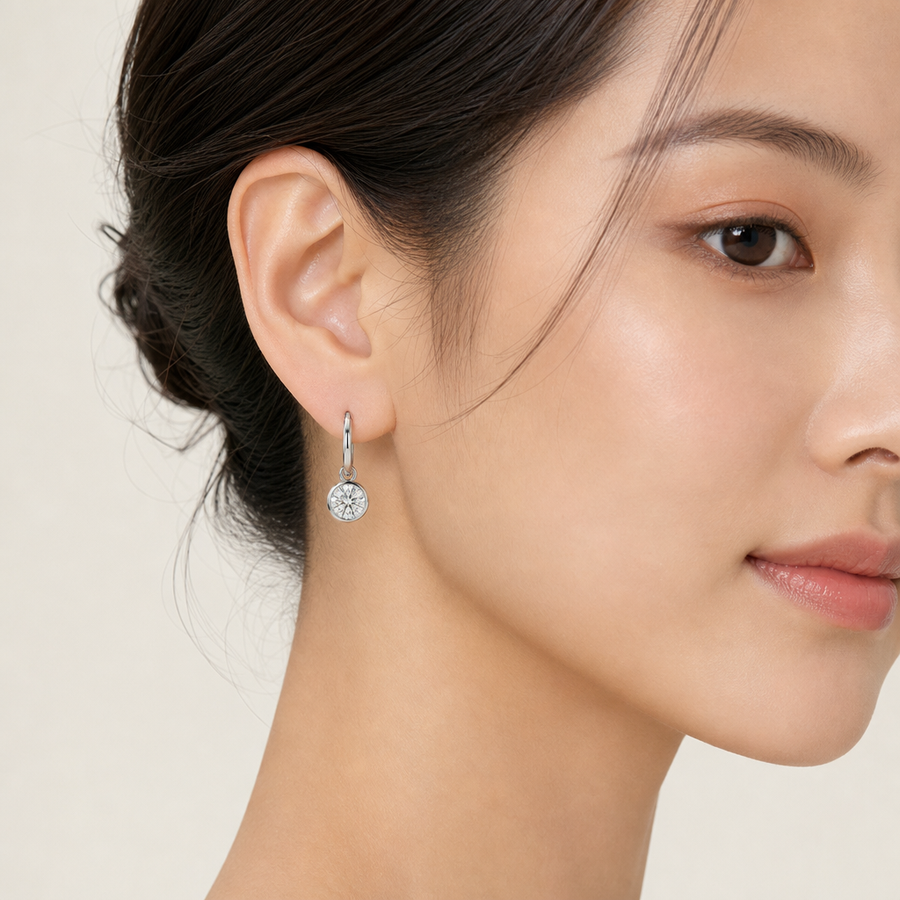 Bezel Set Lab-Grown Diamond Drop Earrings white gold on model