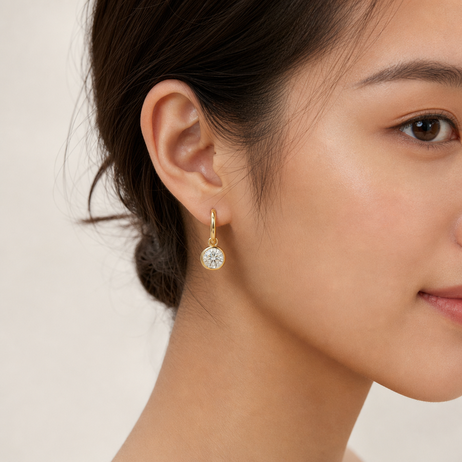 Bezel Set Lab-Grown Diamond Drop Earrings yellow gold on model