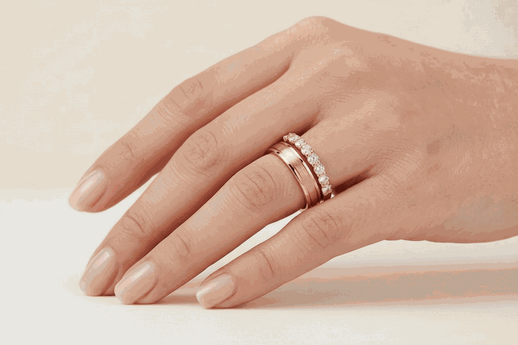 Classic Diamond Couple Ring Set - Rose Gold on model