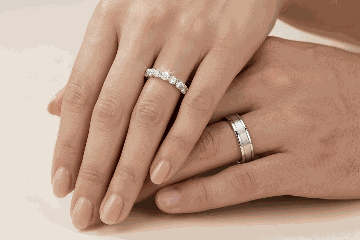 Classic Diamond Couple Ring Set - White Gold on model