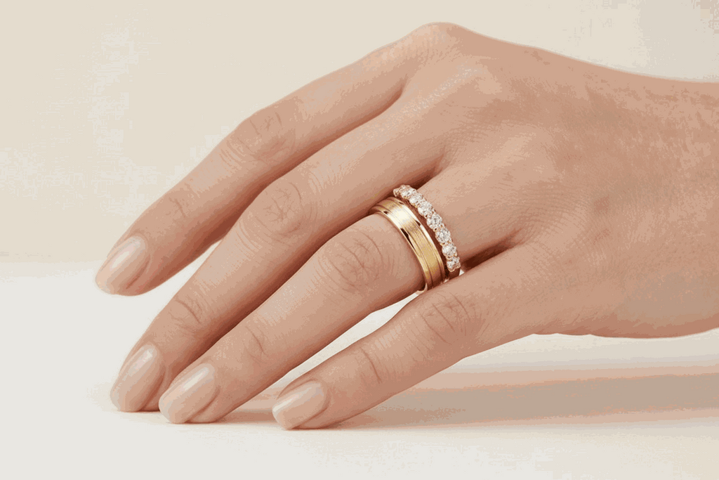 Classic Diamond Couple Ring Set - Yellow Gold on model
