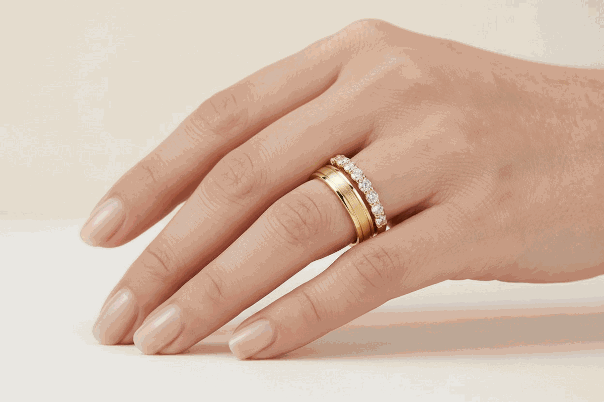 Classic Diamond Couple Ring Set - Yellow Gold on model