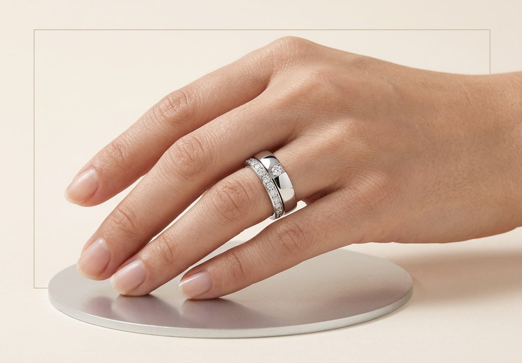Eternity Round-Cut Couple Ring Set white gold on model