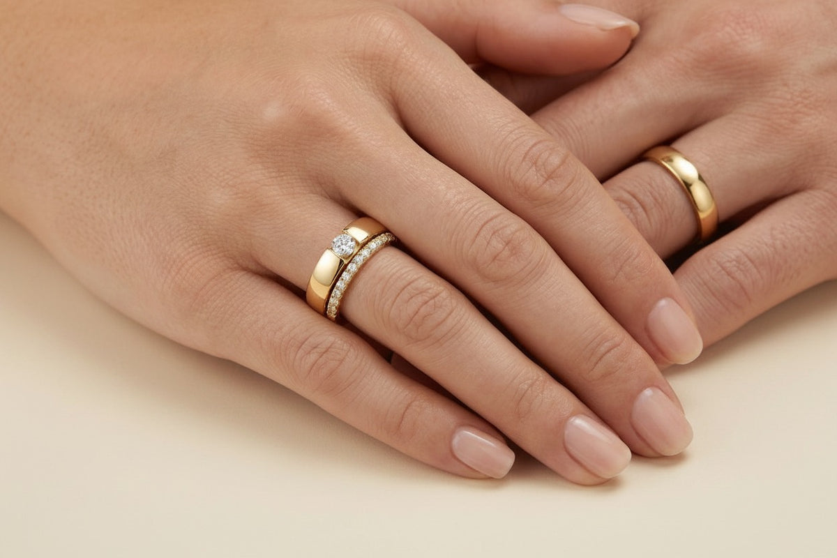 Eternity Round-Cut Couple Ring Set yellow gold on model