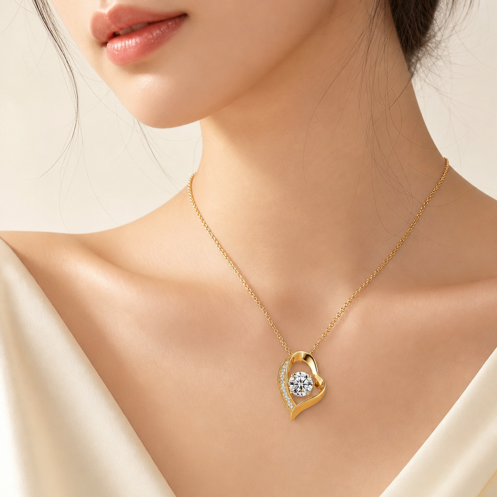 Open Heart Pendant Necklace yellow gold on model