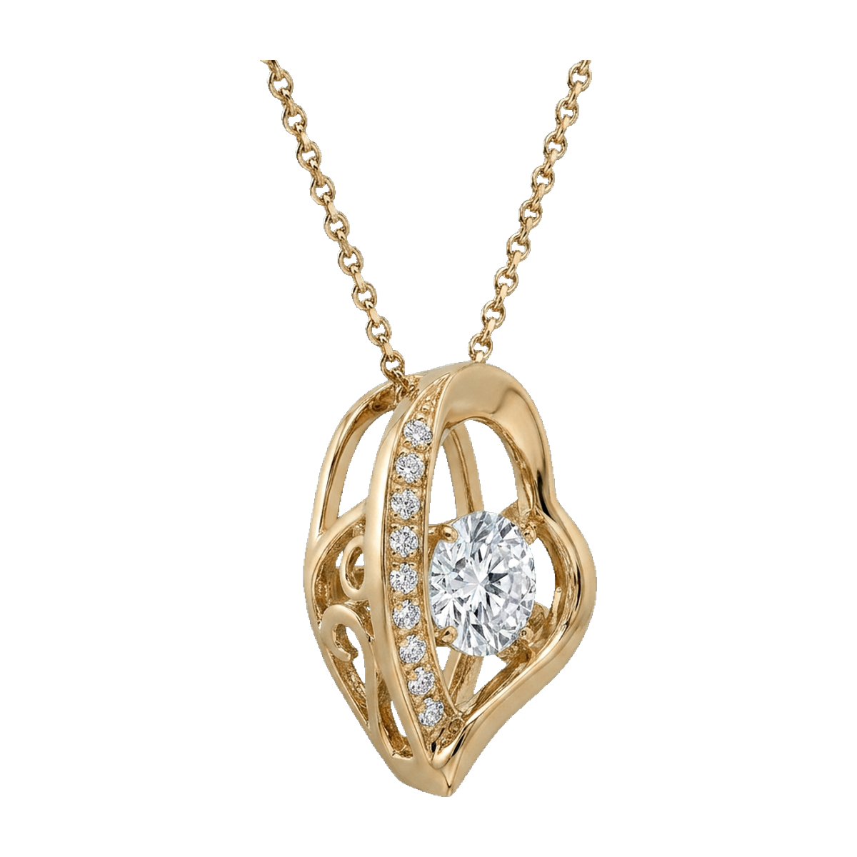 Open Heart Pendant Necklace yellow gold angle