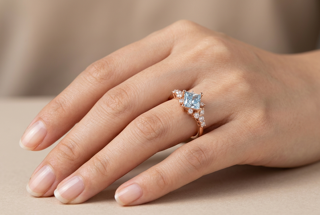 Princess-Cut Blue Diamond Halo Ring