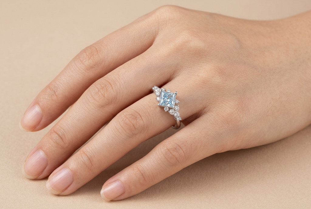 Princess-Cut Blue Diamond Halo Ring