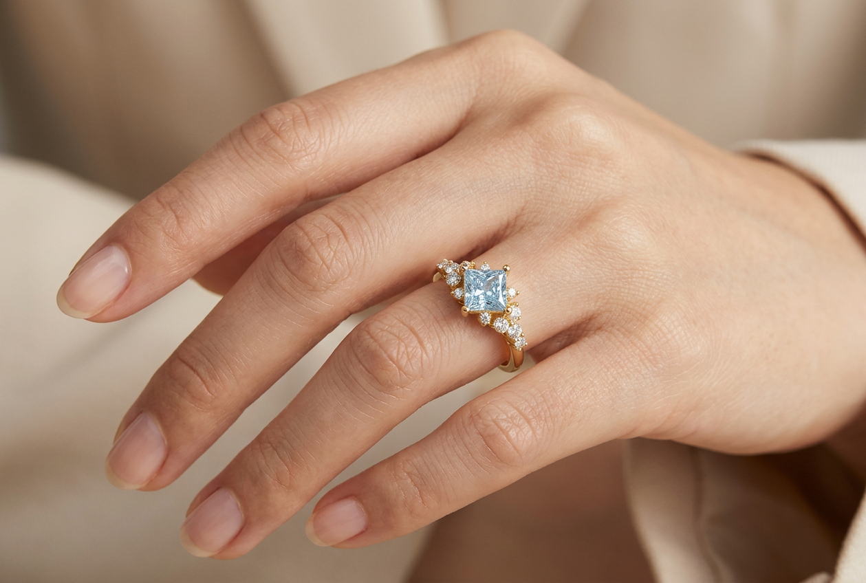Princess-Cut Blue Diamond Halo Ring