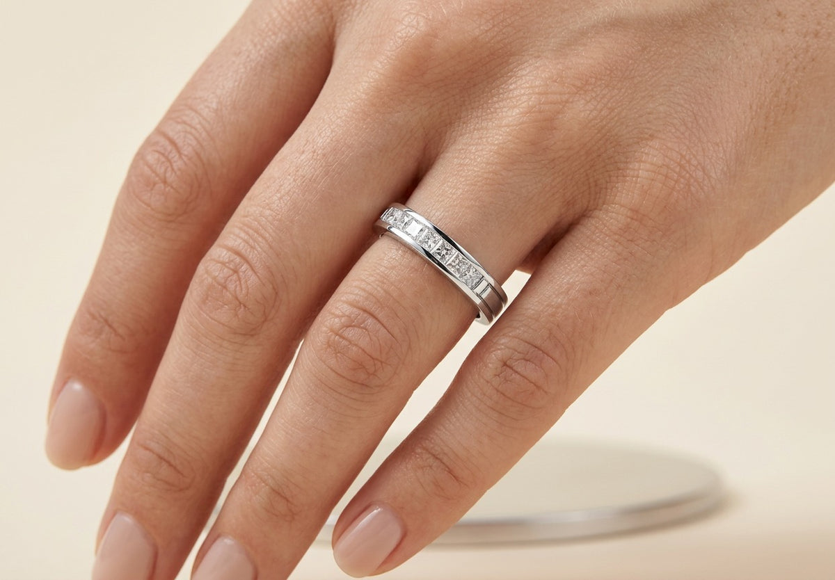 Princess-Cut Pave Eternity Ring white gold on model