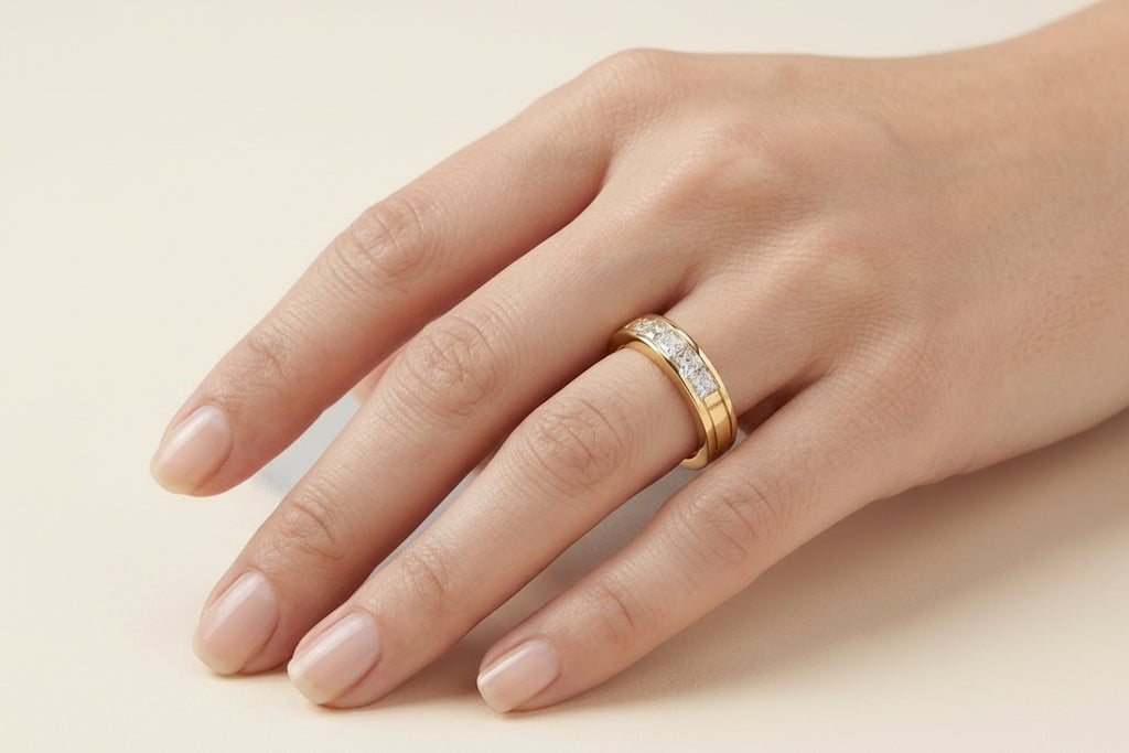 Princess-Cut Pave Eternity Ring yellow gold on model
