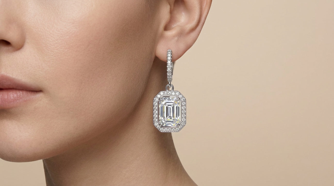 Una Lab-Grown Diamond Octagon Drop Earrings, Rhodium Plated