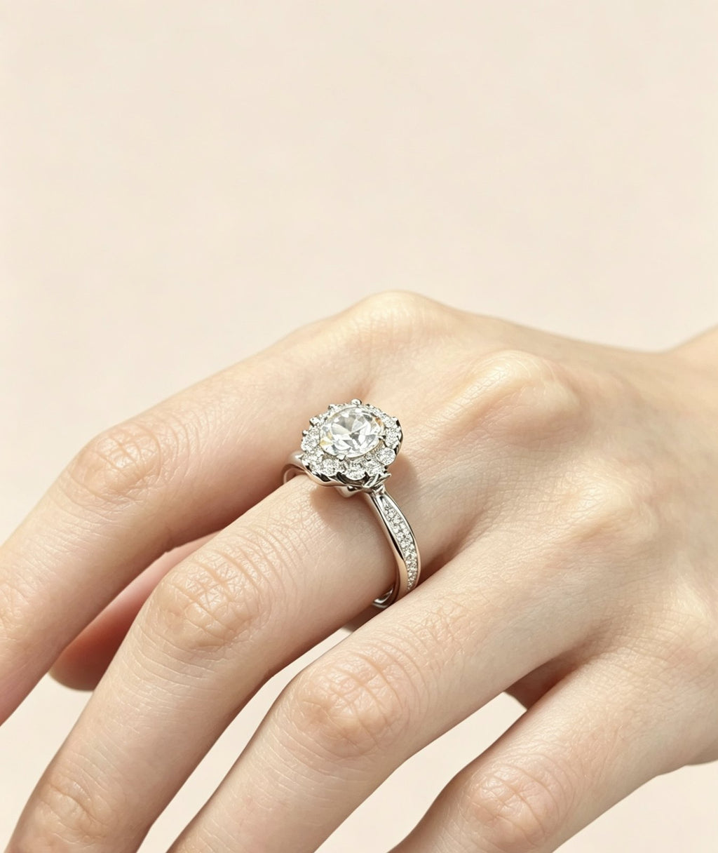 White gold petal basket setting ring