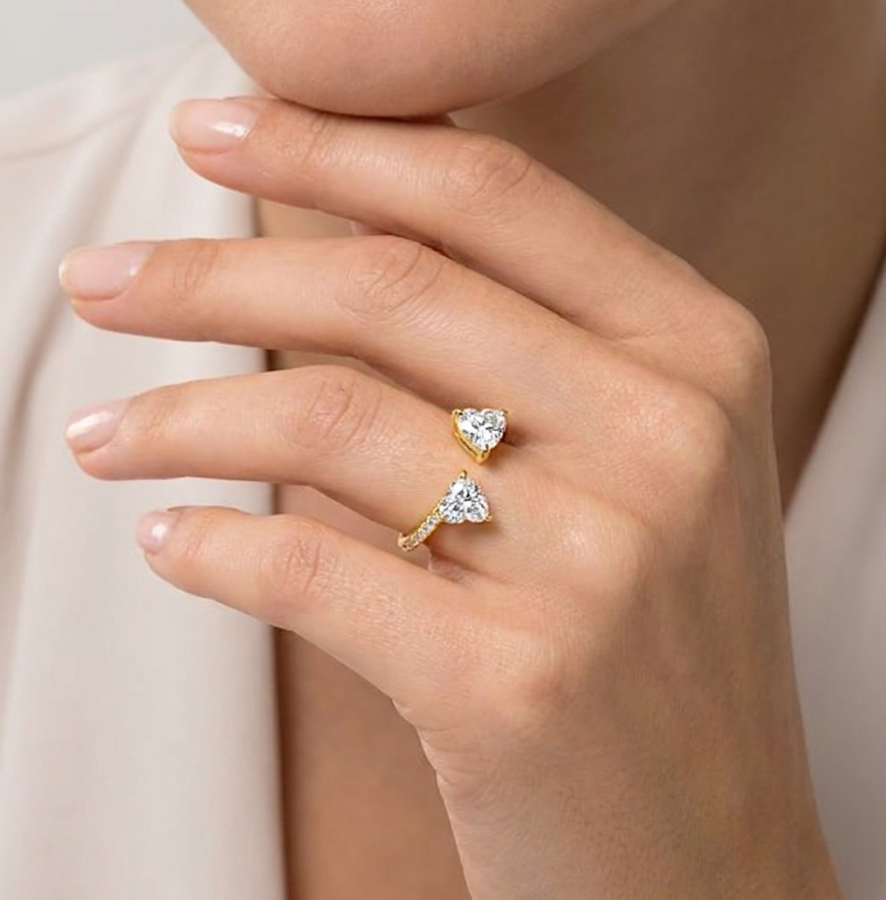 Twin Heart Lab-Grown Diamond Ring yellow gold on hand